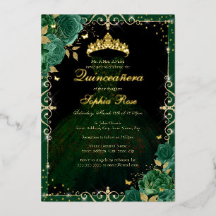 Elegant Emerald Gold Rose Dress Quinceanera Foil Invitation