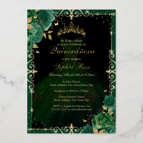 Elegant Emerald Gold Rose Dress Quinceanera Foil Invitation