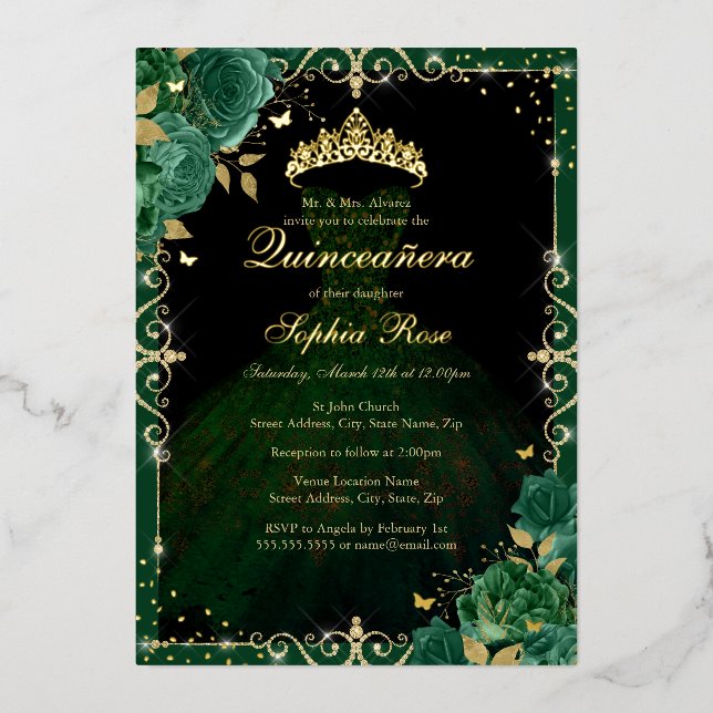 Elegant Emerald Gold Rose Dress Quinceanera Foil Invitation (Front)