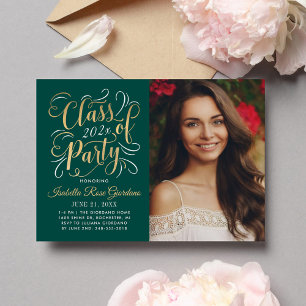 Elegant Emerald Gold Script Photo Graduation Party Invitation