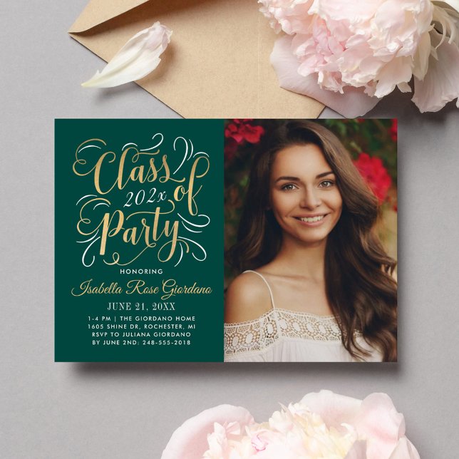 Elegant Emerald Gold Script Photo Graduation Party Invitation (Creator Uploaded)