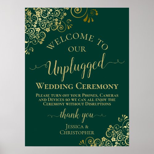 Elegant Emerald  Gold Unplugged Wedding Ceremony Poster