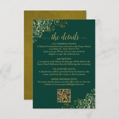 Elegant Emerald  Gold Wedding QR Code Details Enclosure Card