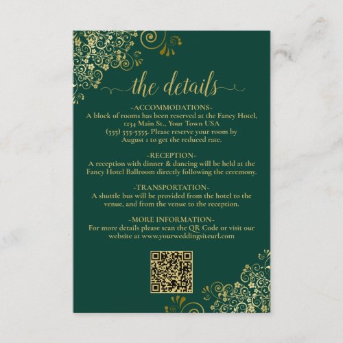 Elegant Emerald  Gold Wedding QR Code Details Enclosure Card