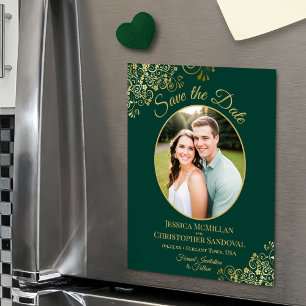 Elegant Emerald & Gold Wedding Save the Date Photo Magnetic Invitation