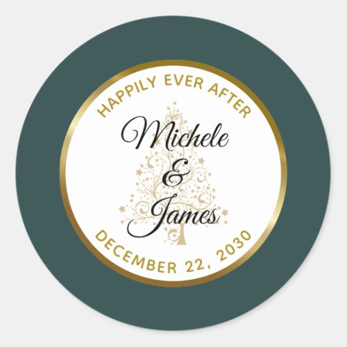 Elegant Emerald Gold Winter Holiday Wedding Classic Round Sticker