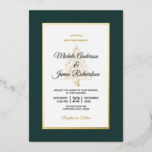 Elegant Emerald Gold Winter Holiday Wedding Foil Invitation