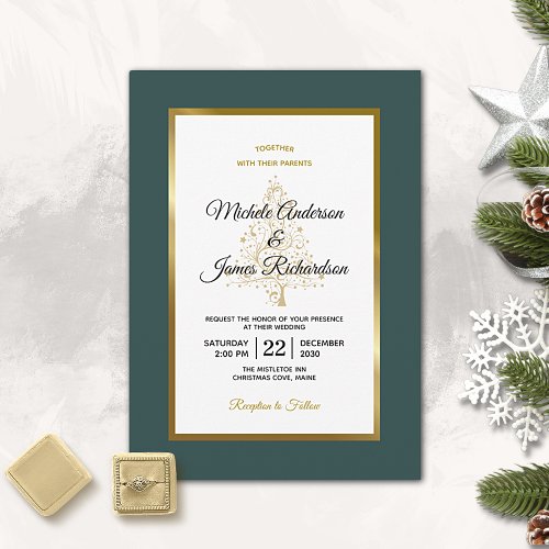 Elegant Emerald Gold Winter Holiday Wedding Invitation