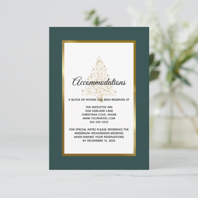 Elegant Emerald Gold Winter Wedding Accommodations Enclosure Card (Standing Front)