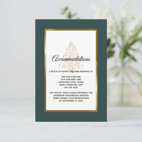 Elegant Emerald Gold Winter Wedding Accommodations Enclosure Card