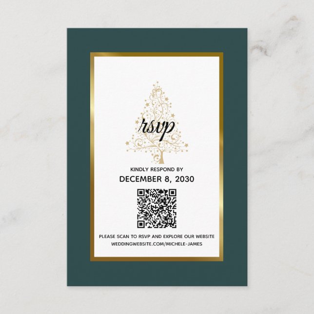 Elegant Emerald Gold Winter Wedding QR Code RSVP Card (Front)