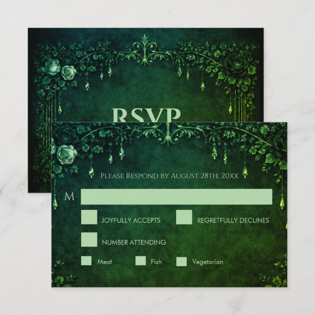 Elegant emerald gothic halloween Wedding RSVP Card (Front/Back)