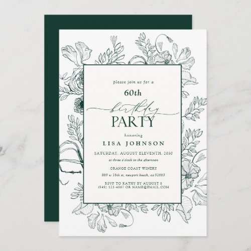 Elegant Emerald Green 60th Birthday Floral  Invitation