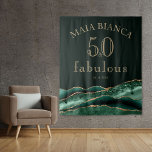 Elegant Emerald Green Agate 50th Birthday Backdrop<br><div class="desc">Are you eager to make your friend's or loved one's milestone birthday truly unforgettable? Well, look no further! Our 50 and Fabulous elegant tapestry backdrop decoration is just what you need. It's adorned with exquisite emerald green agate geode slices, delicate watercolor textures, and faux gold glitter accents, creating an atmosphere...</div>