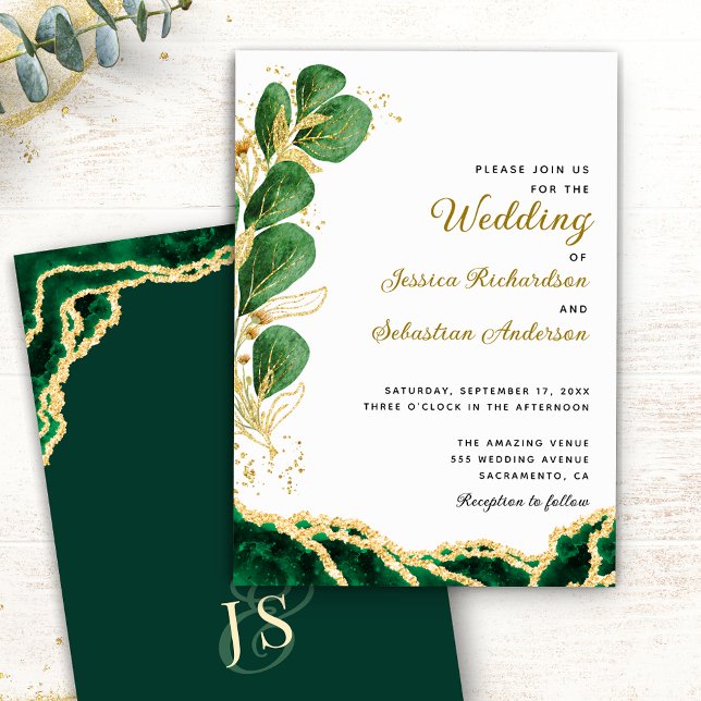 Elegant Emerald Green Agate Eucalyptus Wedding Invitation (Creator Uploaded)