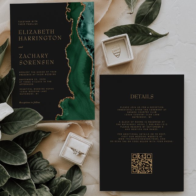 Elegant Emerald Green Agate Gold QR Code Wedding Invitation (Creator Uploaded)