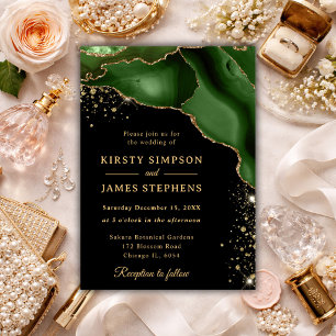 Elegant Emerald Green Agate & Gold Wedding Invitation
