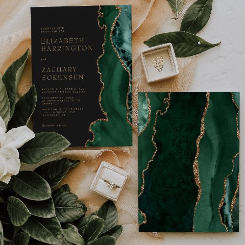 Elegant Emerald Green Agate Gold Wedding Invitation