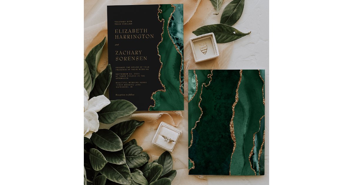 Elegant Emerald Green Agate Gold Wedding Invitation | Zazzle