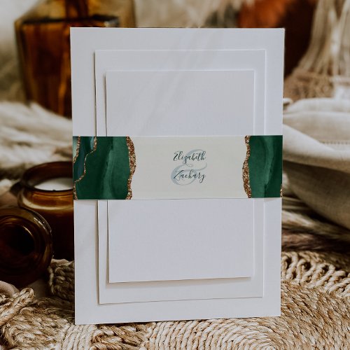 Elegant Emerald Green Agate Ivory Wedding Invitation Belly Band