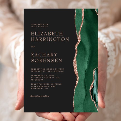 Elegant Emerald Green Agate Rose Gold Wedding Invitation