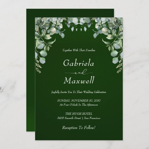 Elegant Emerald Green and Eucalyptus Wedding Invitation