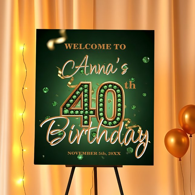 Elegant Emerald Green and Gold 40th Birthday Foam Board (Creator Uploaded)