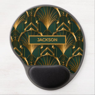 Elegant Emerald Green and Gold Art Deco Monogram Gel Mouse Pad