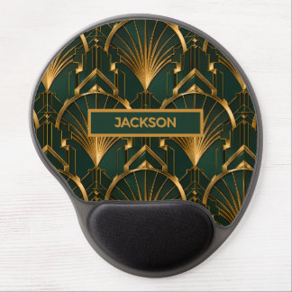 Elegant Emerald Green and Gold Art Deco Monogram Gel Mouse Pad