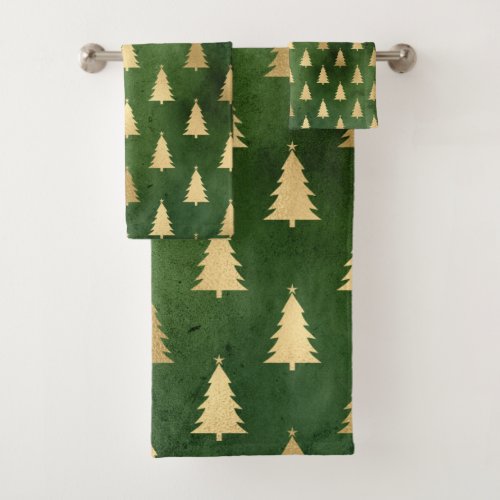 Elegant Emerald Green And Gold Christmas Trees Bath Towel Set