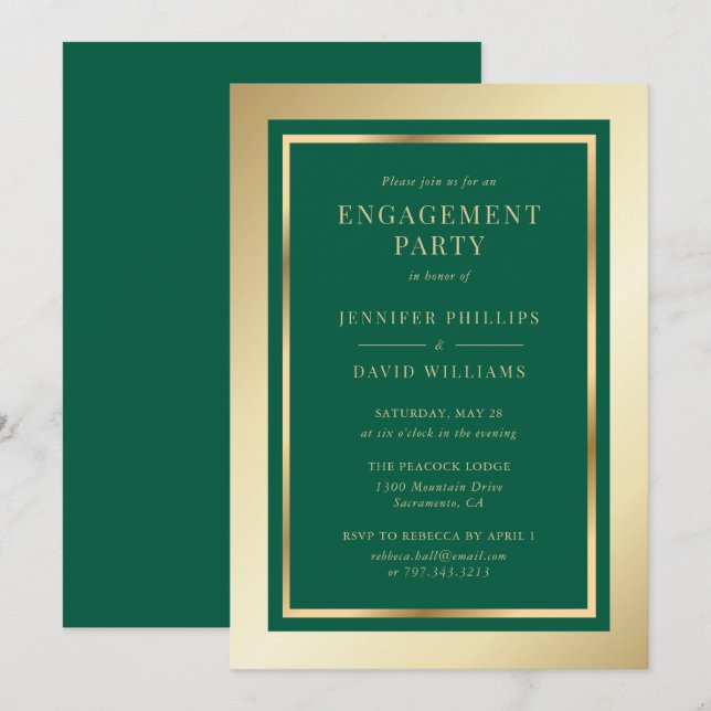 Elegant Emerald Green and Gold Engagement Party Invitation (Front/Back)