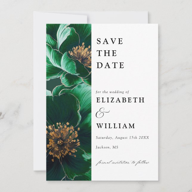 Elegant Emerald Green And Gold Floral Wedding Save The Date (Front)