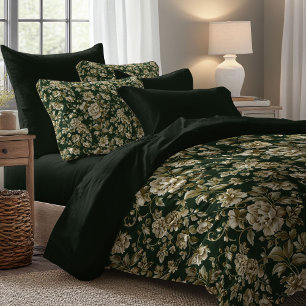 Elegant emerald green and gold flowers duvet cover