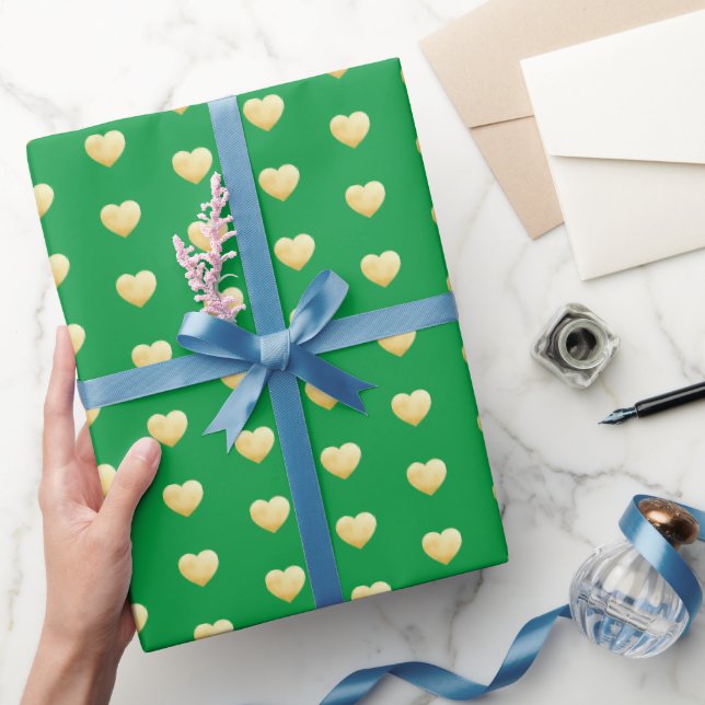 Elegant Emerald Green and Gold Hearts Pattern Wrapping Paper (Gifting)