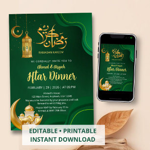 Elegant Emerald Green and Gold Iftar Ramadan Invitation