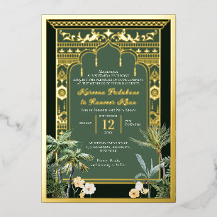 Elegant Emerald Green and Gold Indian Wedding Foil Invitation