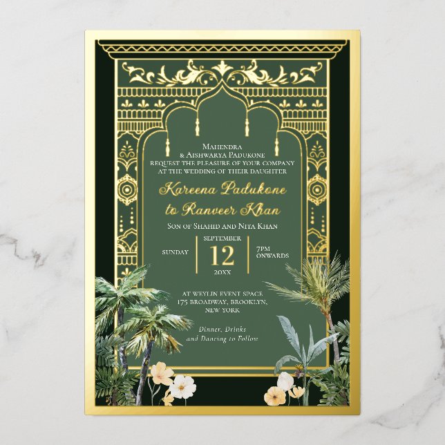 Elegant Emerald Green and Gold Indian Wedding  Foil Invitation (Front)