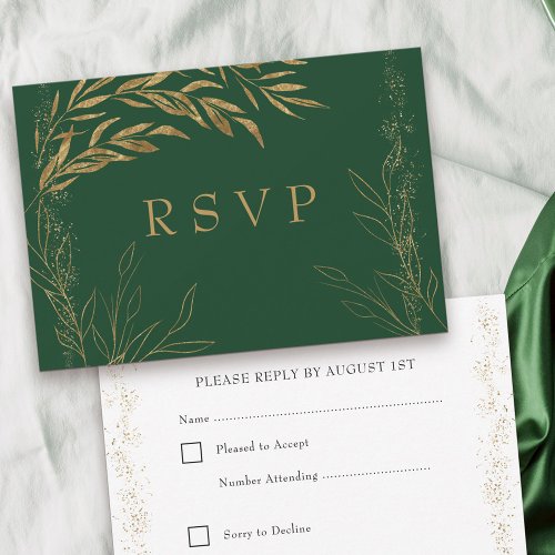 Elegant Emerald Green and Gold Leaf RSVP Card