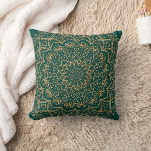 Elegant Emerald Green and Gold Mandala Boho Throw Pillow