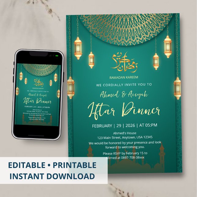 Elegant Emerald Green and Gold Mandala Iftar Invitation (Creator Uploaded)