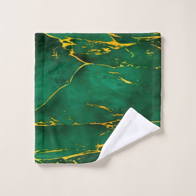Elegant Emerald Green and Gold Marble Bath Towel Set (Wash Cloth)