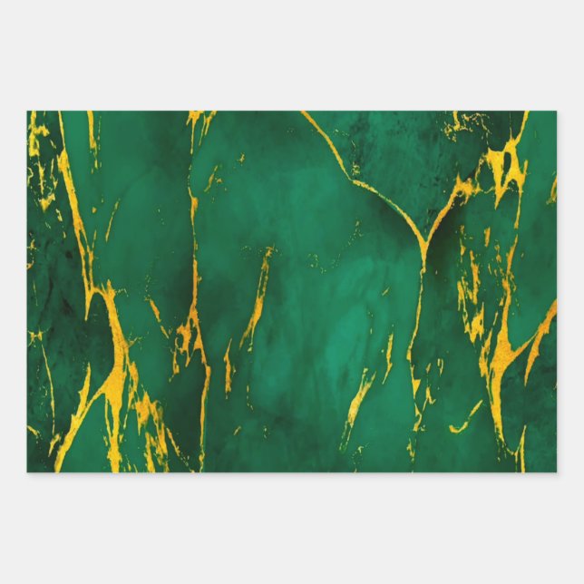 Elegant Emerald Green and Gold Marble Wrapping Paper Sheets (Front)