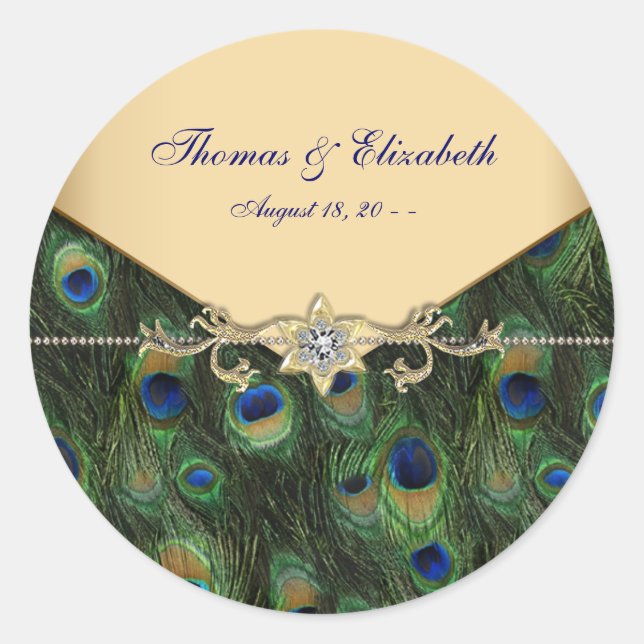 Elegant Emerald Green and Gold Peacock Wedding Classic Round Sticker (Front)