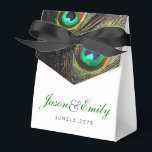 Elegant Emerald Green and Gold Peacock Wedding Favor Boxes<br><div class="desc">Beautiful royal blue and emerald green and gold peacock wedding favor boxes. You can personalize this elegant royal,  teal blue and emerald green peacock feather wedding favor box with your text in the font style you like,  add a background color and change the ribbon color.</div>