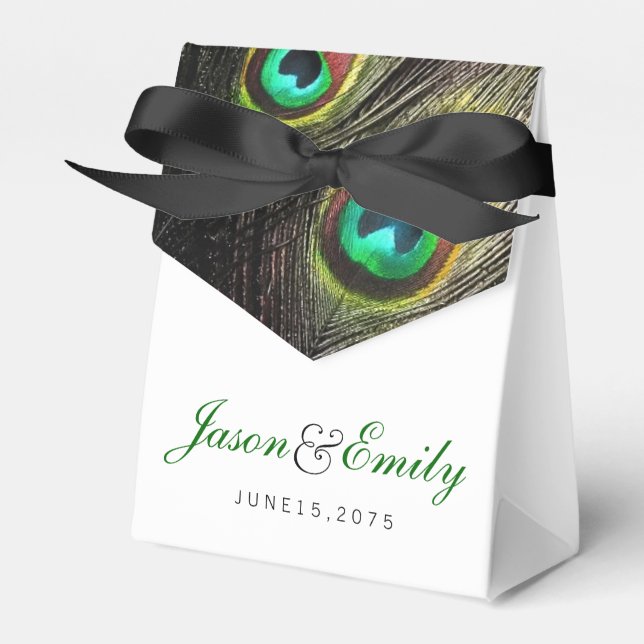 Elegant Emerald Green and Gold Peacock Wedding Favor Boxes (Front Side)