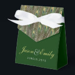 Elegant Emerald Green and Gold Peacock Wedding Favor Boxes<br><div class="desc">Beautiful gold and emerald green peacock wedding favor boxes. You can personalize this elegant and emerald green and gold peacock feather wedding favor box with your text in the font style you like,  add a background color and change the ribbon color.</div>