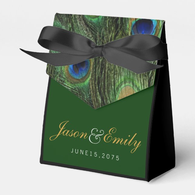Elegant Emerald Green and Gold Peacock Wedding Favor Boxes (Front Side)