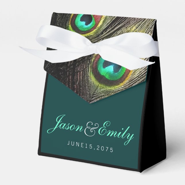 Elegant Emerald Green and Gold Peacock Wedding Favor Boxes (Front Side)