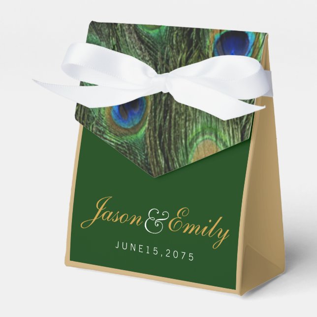 Elegant Emerald Green and Gold Peacock Wedding Favor Boxes (Front Side)