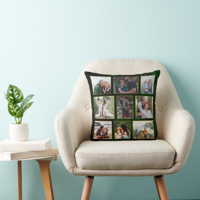 Elegant Emerald Green and Gold Photo Collage Throw Pillow (Chair)
